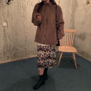 Stand Collar Half Zip Furry Pullover / Printed Midi Skirt