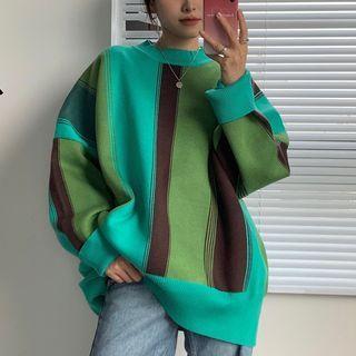 Loose-fit Color Panel Striped Knit Top Green - One Size
