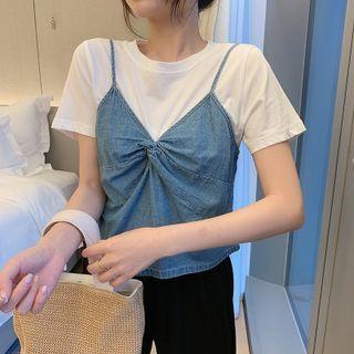 Round-neck Mock Two Piece Crop T-shirt As Shown As Figure - One Size