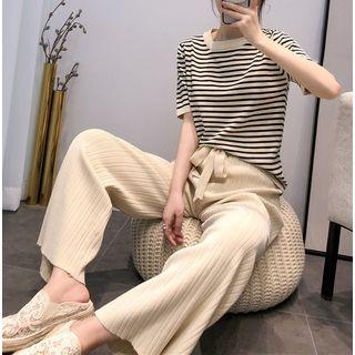 Set: Short Sleeve Striped Knit Top + High Waist Wide-leg Pants