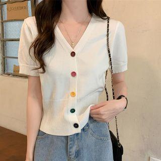 Short-sleeve Contrast Button Knit Top