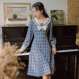 Sailor Collar Plaid Midi A-line Dress
