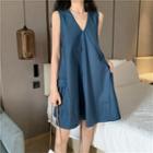 Sleeveless V-neck A-line Dress Blue - One Size