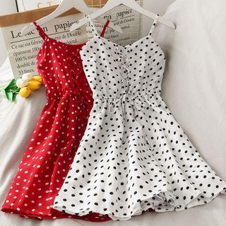 Drawstring-waist Dotted Mini Dress