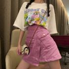 Elbow-sleeve Print T-shirt / Mini Skirt