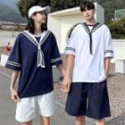 Couple Matching Elbow-sleeve Sailor Collar T-shirt / Shorts