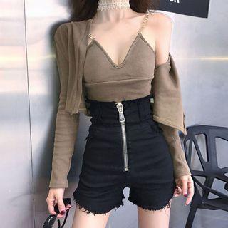 High Waist Denim Shorts / Cropped Cardigan / Knit Camisole / Set