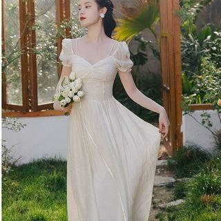 Puff-sleeve Lace Trim Midi A-line Dress / Veil / Set