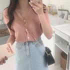 Plain V-neck Short-sleeve Cardigan