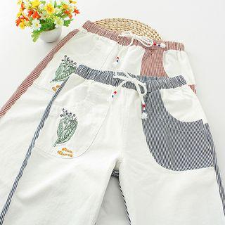 Embroidered Drawstring Striped Panel Pants