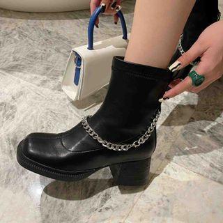 Chain Strap Chunky-heel Short Boots