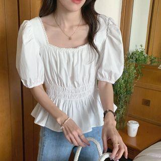 Puff-sleeve Square-neck Shirred Blouse White - One Size