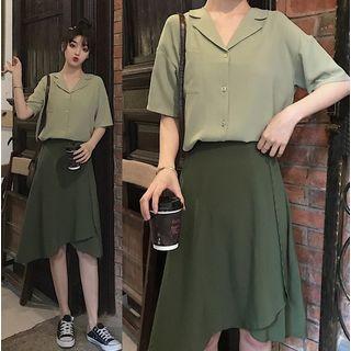 Elbow-sleeve Shirt / A-line Asymmetric Skirt