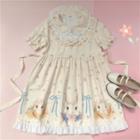 Rabbit Print Short-sleeve Collared Dress Beige - One Size