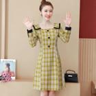 Long-sleeve Button-detail Plaid Mini A-line Dress