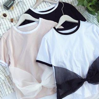 Mesh Panel Bow-tie Short-sleevetop