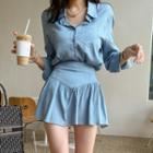 Set: Pocket-front Shirt + Inset Shorts Mini Skirt Light Blue - One Size