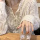 V-neck Cut-out Knit Cardigan Off-white - One Size