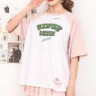 Ripped Lettering Raglan Elbow-sleeve T-shirt