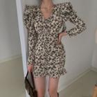 Puff-sleeve Floral Print Bodycon Dress