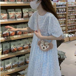 Puff-sleeve Floral Midi A-line Dress Blue & White - One Size