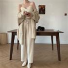 Long-sleeve Cable Knit Cardigan / Lace Camisole / High-waist Wide-leg Pants