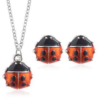 Set: Alloy Ladybird Pendant Necklace + Earring 01 - 2235 - Set - Silver - One Size