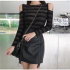 Set: Long-sleeve Cold Shoulder Top + Faux Leather Mini Skirt