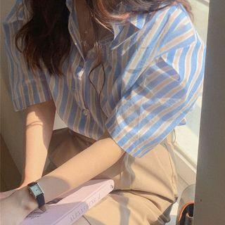 Short-sleeve Striped Shirt Stripes - Blue & Khaki - One Size