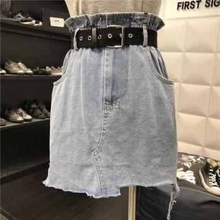 Frill Trim Asymmetric Frayed Hem Mini Denim Pencil Skirt