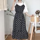 Mock Two Piece Dotted Panel Elbow Sleeve Midi Dress