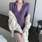 Long-sleeve Collar Mini Sheath Dress Purple - One Size