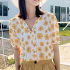 Elbow-sleeve Floral-pattern Blouse