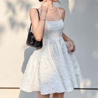 Embroidered Ribbon-back Strappy Mini A-line Dress