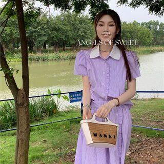 Set: Short-sleeve Striped Blouse + Midi A-line Skirt Set - Stripe - Purple - One Size