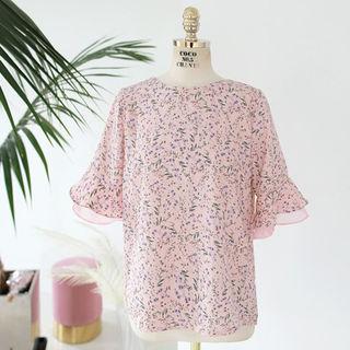 Ruffled Elbow-sleeve Floral Pattern Top