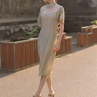 Mock-turtleneck Lace Panel Short-sleeve A-line Dress