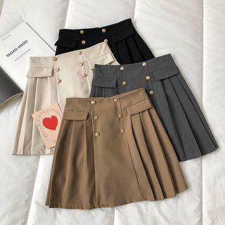 Double-breasted Pleated A-line Skirt