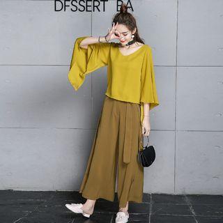 Set: Bell-sleeve V-neck Top + Wide-leg Pants