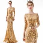 Sequined Boatneck 3/4-sleeve Mermaid Evening Gown