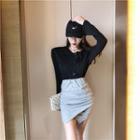 Cross Neck Long-sleeve Top / Slit Pencil Skirt