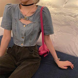 Short-sleeve Cutout Cropped Denim Blouse Blouse - One Size