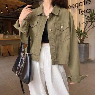 Plain Pocket-detail Long-sleeve Cropped Jacket