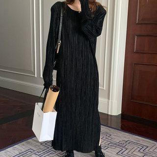 Long-sleeve Textured Maxi Shift Dress Black - One Size