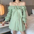 Bell-sleeve Off-shoulder Spaghetti-strap Ruffle Trim Layered Dress As Shown In Figure - One Size