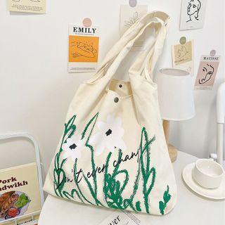 Lettering Flower Print Tote Bag Lettering Flower Print - Green - One Size