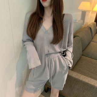 Set: Plain Cardigan + High-waist Shorts