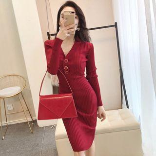V-neck Ribbed Knit Sheath Dress