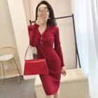 V-neck Ribbed Knit Sheath Dress
