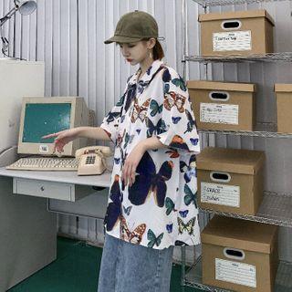 Elbow-sleeve Butterfly Print Shirt